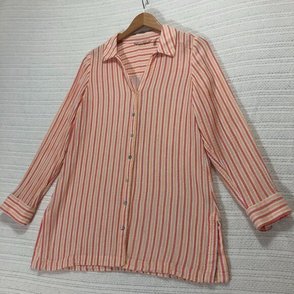 Soft Surroundings Size M Escambia Gauze Tunic Women's Coral Stripe Button Front - Picture 1 of 8